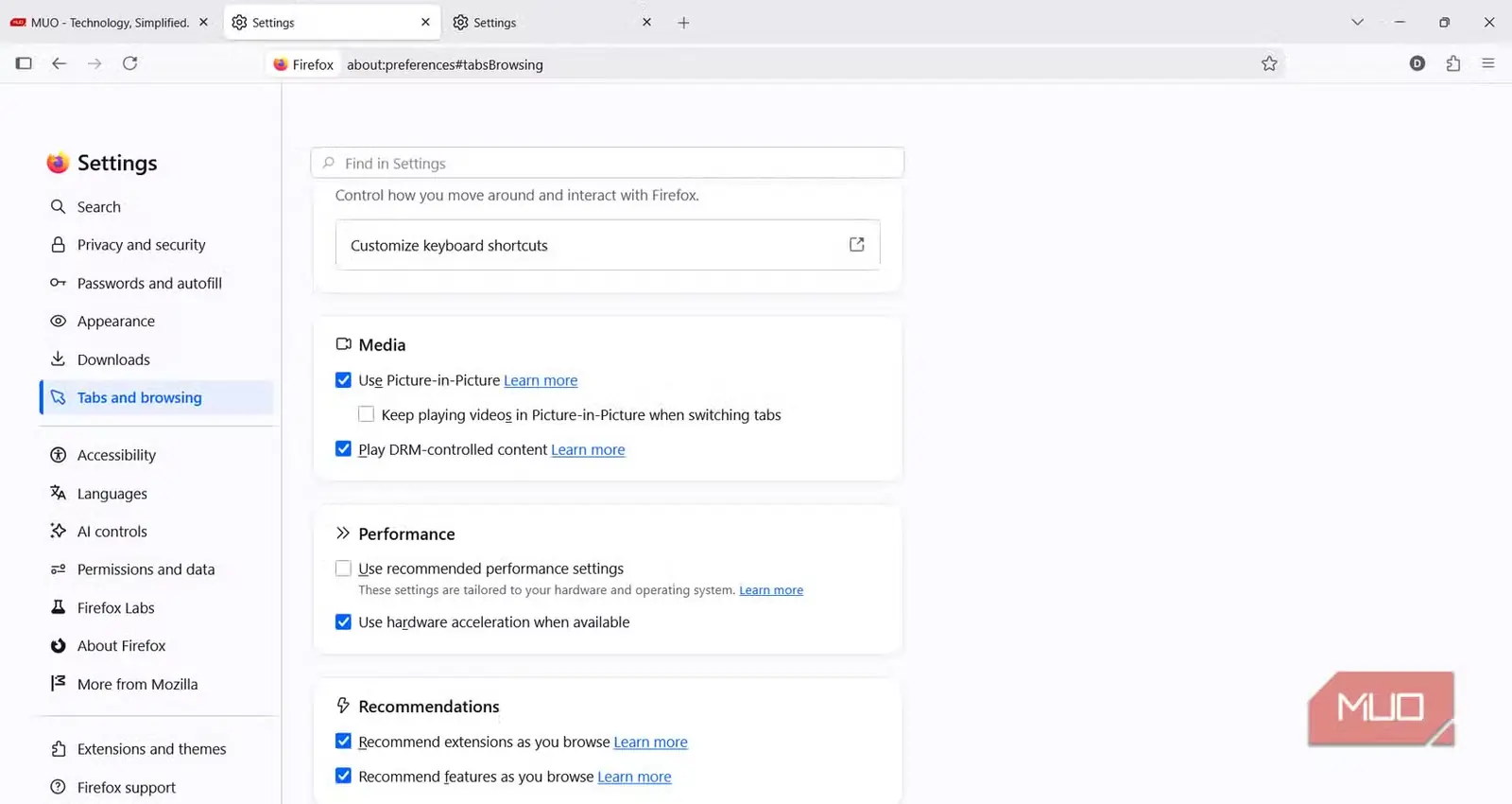 فهرست عملکرد در تنظیمات Mozilla Firefox