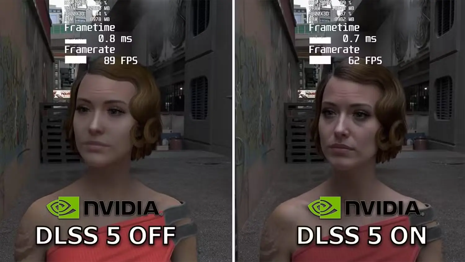 مقایسه NVIDIA DLSS 5 در بازی سایبرپانک ۲۰۷۷ با نمایش چهره یک شخصیت