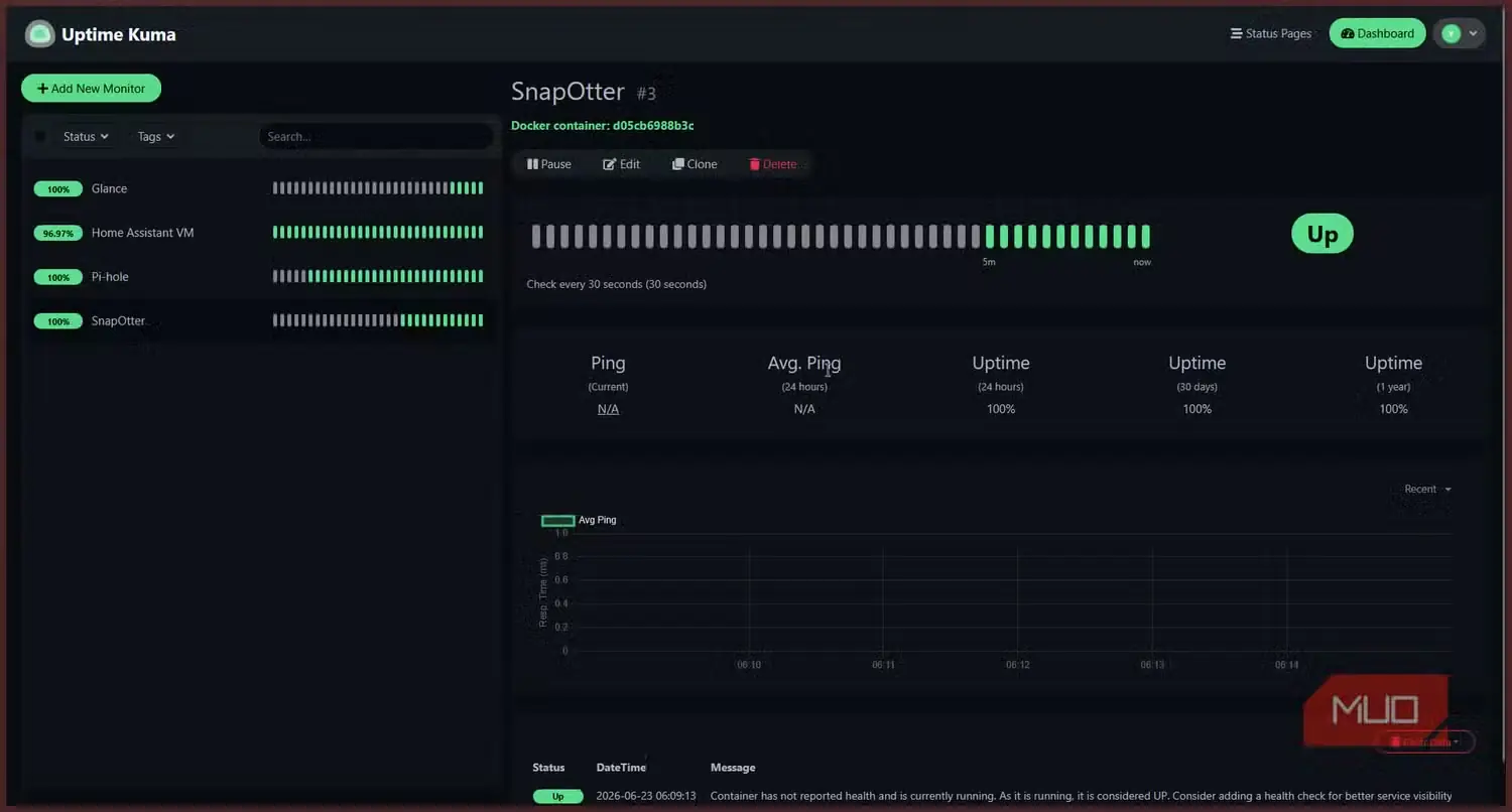 کانتینر Docker سرویس Snapotter در Uptime Kuma
