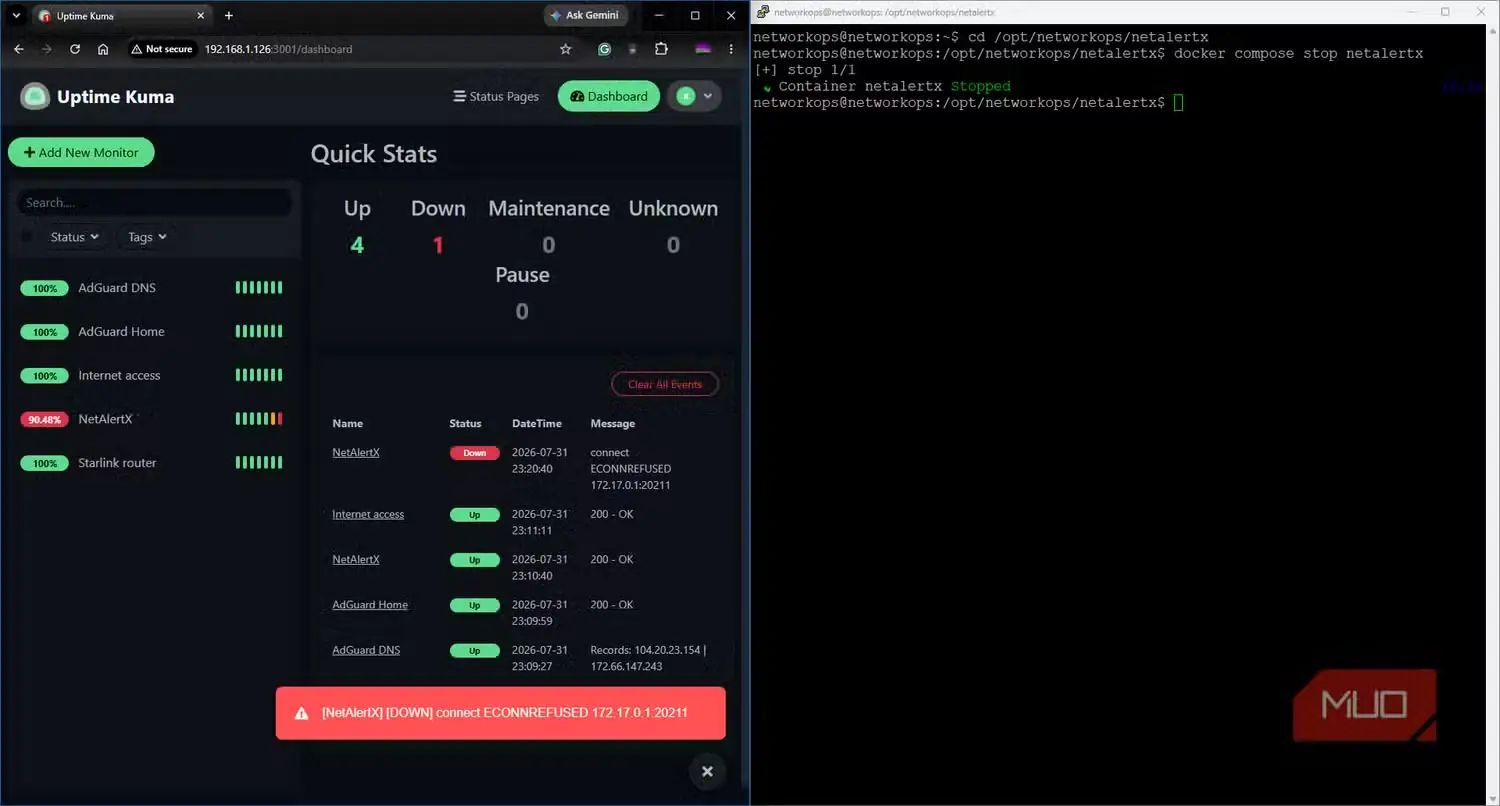 صفحه پایش Uptime Kuma با خرابی عمدی کانتینر و نتیجه قطعی سرویس