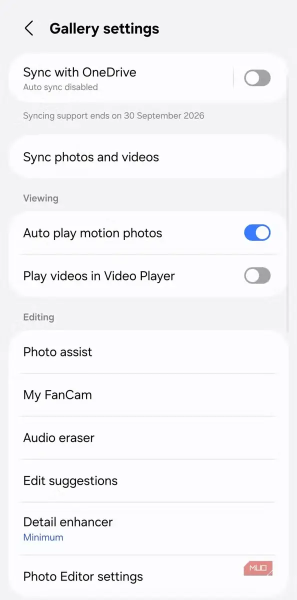 صفحه تنظیمات برنامه Samsung Gallery