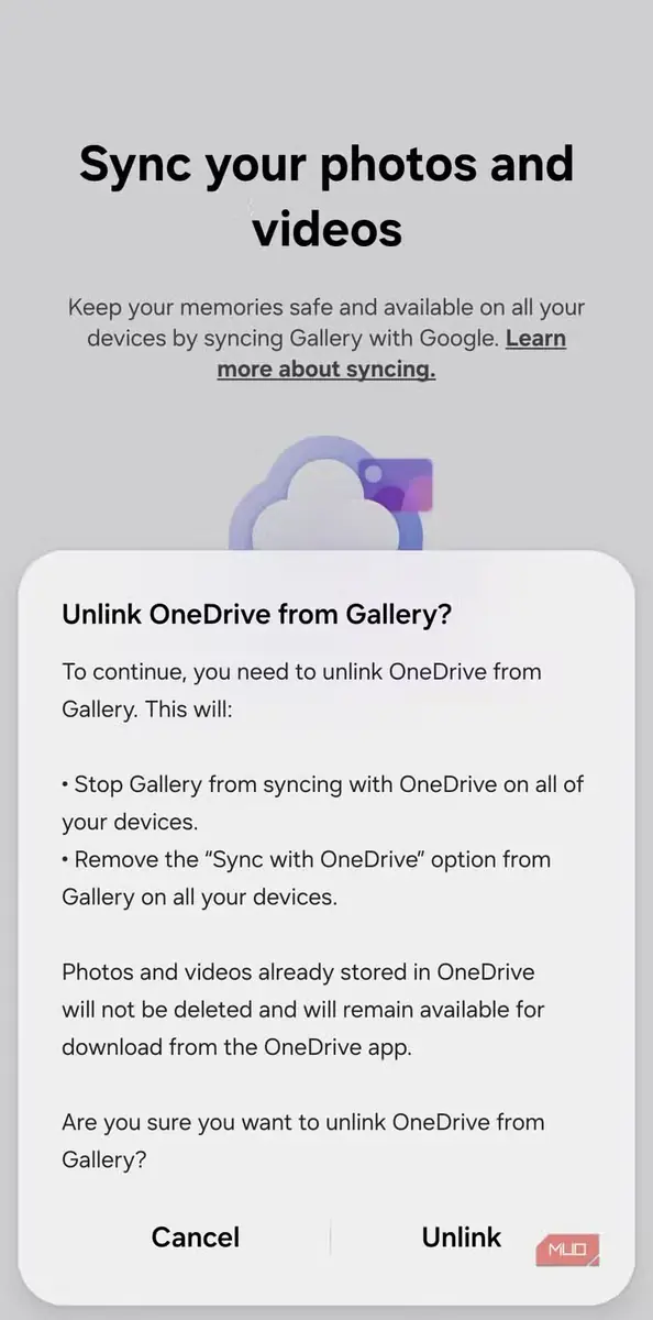 صفحه قطع پیوند OneDrive در برنامه Samsung Gallery