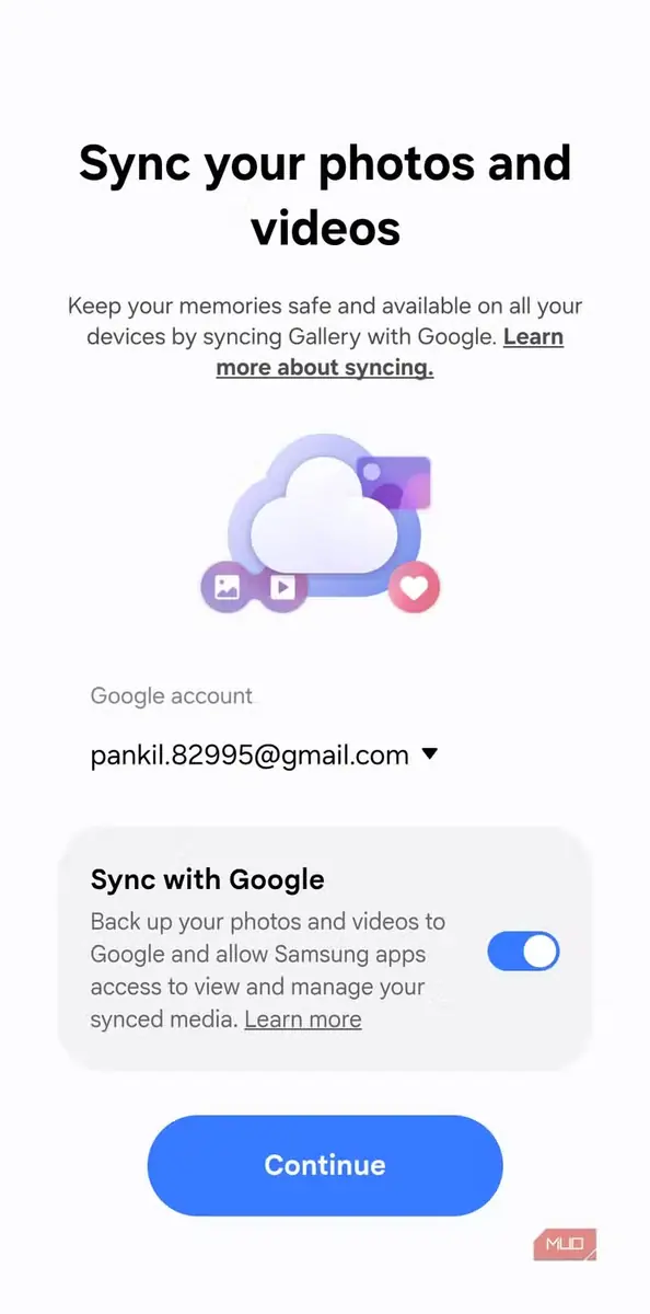 صفحه همگامسازی حساب Google در برنامه Samsung Gallery