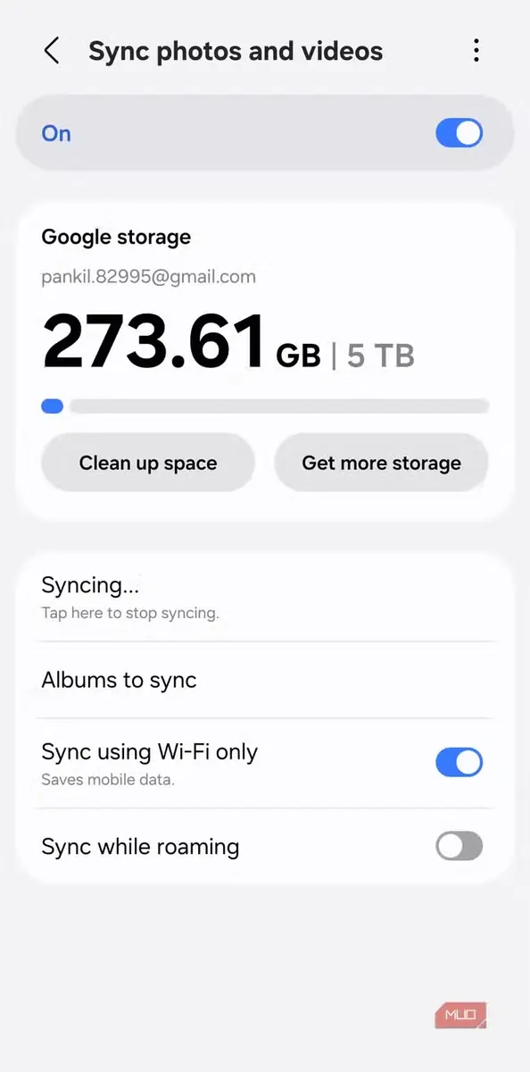وضعیت فضای ذخیرهسازی حساب Google در برنامه Samsung Gallery