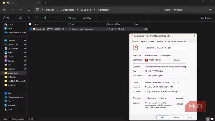 پنجرهٔ ویژگی‌های فایل در Windows برای سند PDF شمارهٔ 1