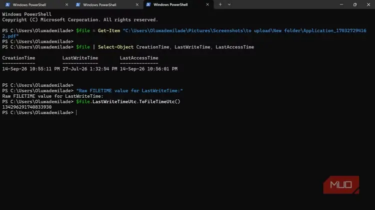 فرمان Windows PowerShell در حال نمایش جزئیات برچسب زمانی فایل