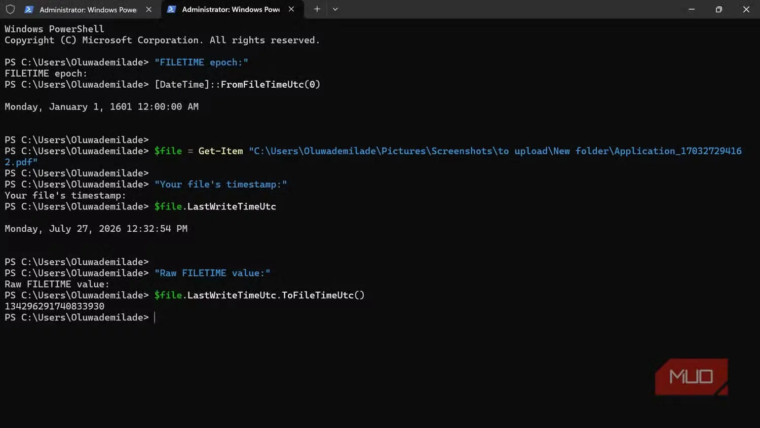 اجرای فرمان‌های بررسی برچسب زمانی فایل در Windows PowerShell