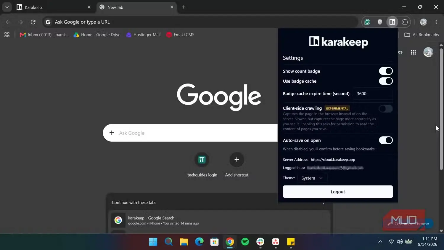 افزونهٔ Karakeep در مرورگر Chrome