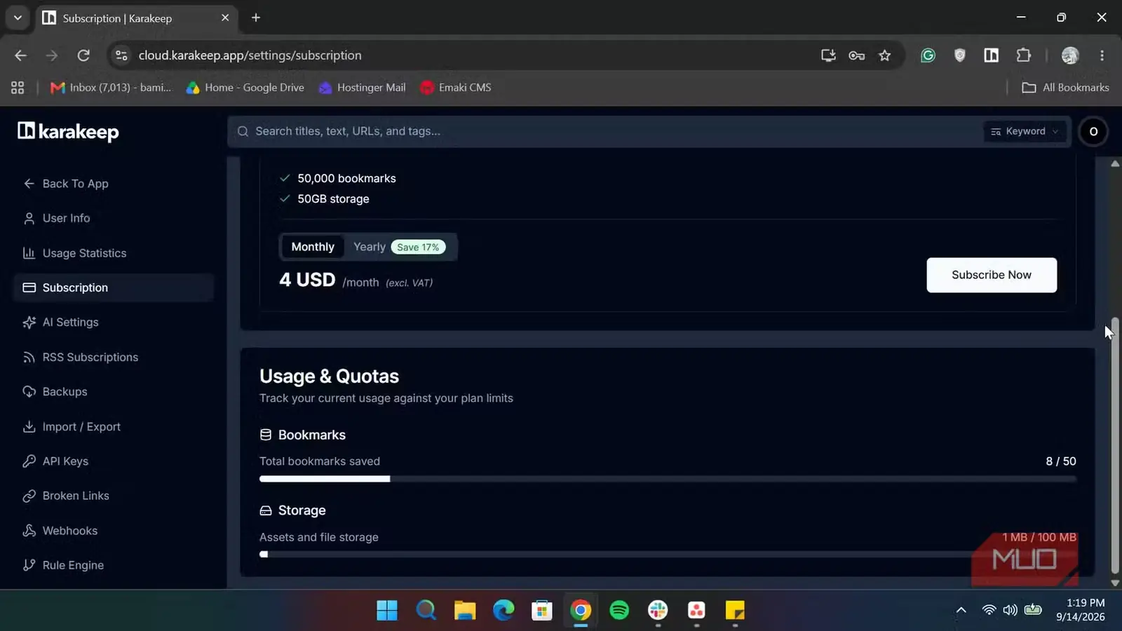صفحهٔ اشتراک Karakeep