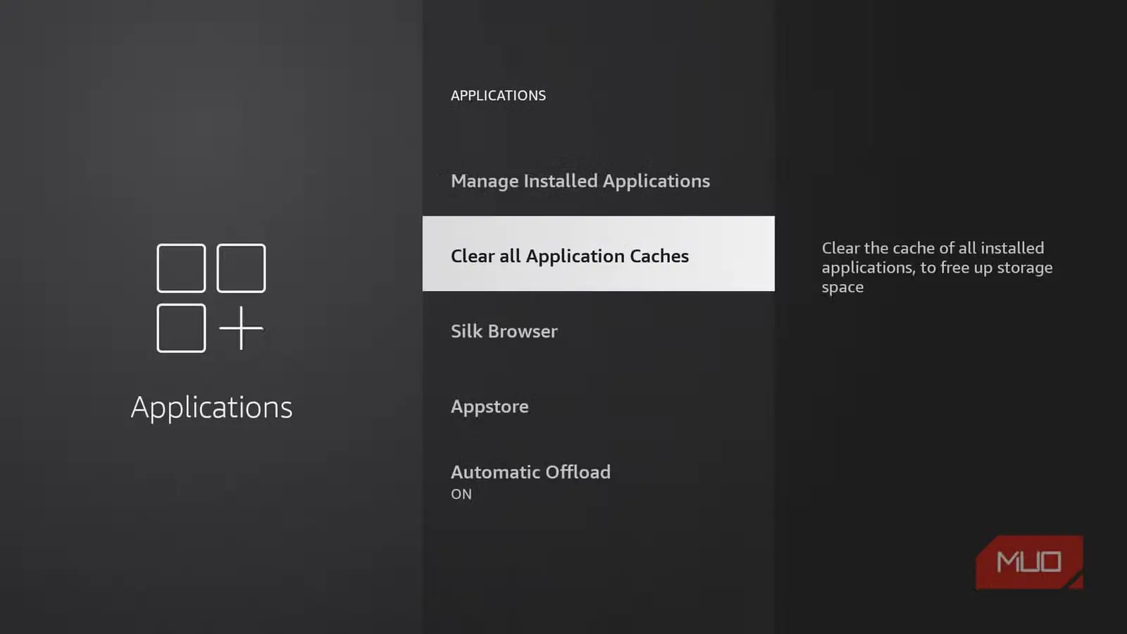 منوی پاک‌سازی حافظه پنهان در Fire TV Stick