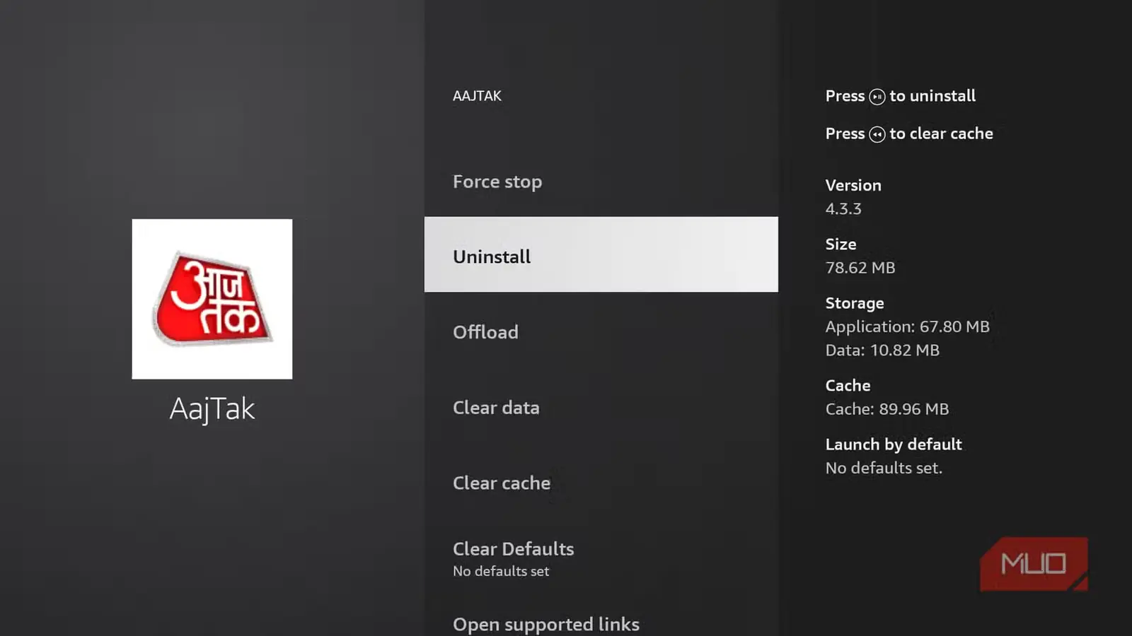 صفحه حذف برنامه‌ها در Fire TV Stick