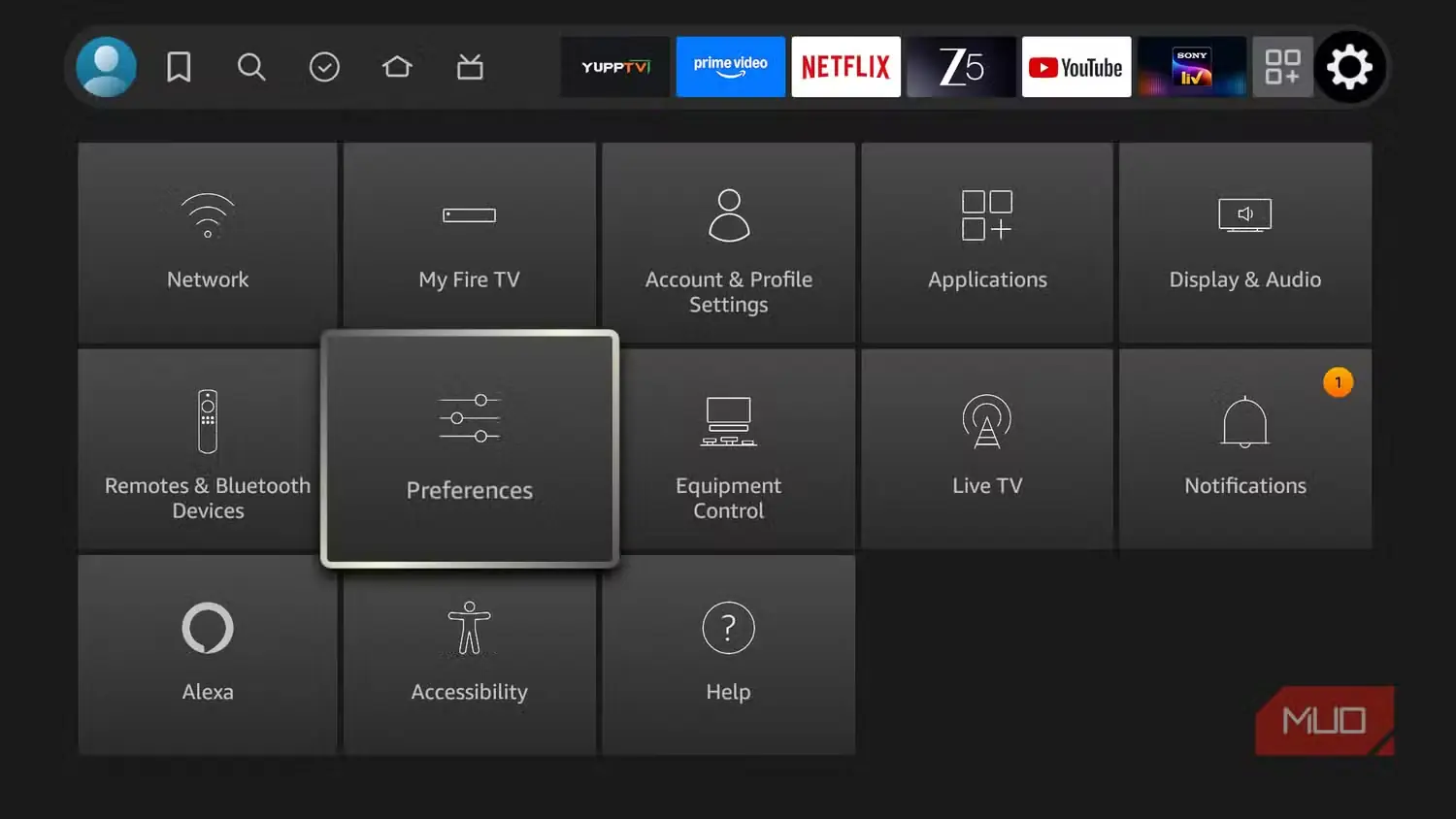 منوی تنظیمات ترجیحی در Fire TV Stick