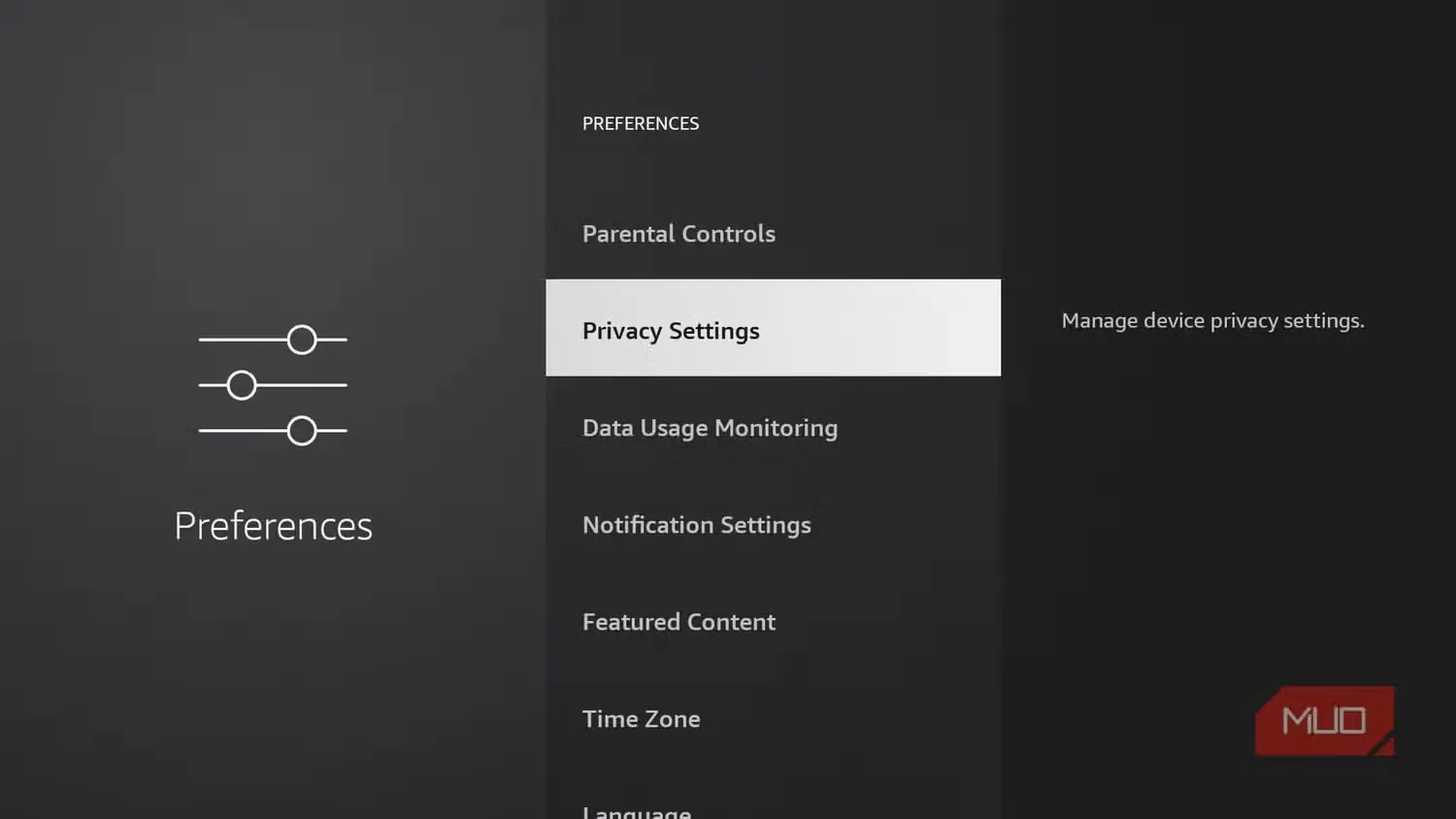 منوی تنظیمات حریم خصوصی در Fire TV Stick