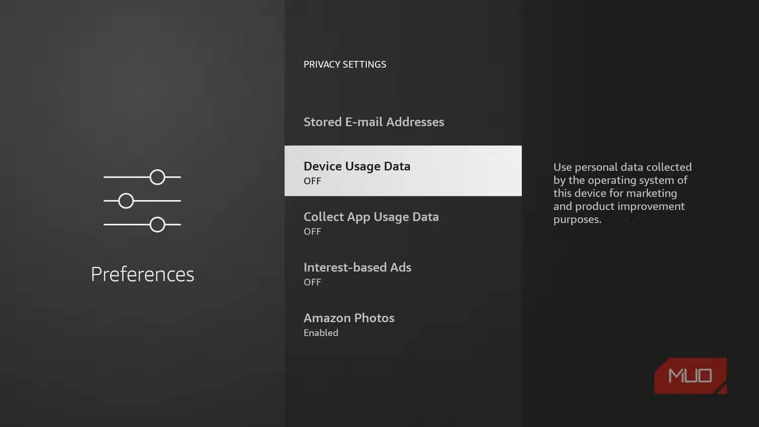 منوی داده‌های استفاده از دستگاه در Fire TV Stick