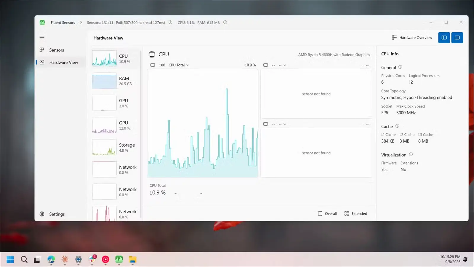 پیشخوان پایش پردازندهٔ AMD Ryzen 5 5600H در نمای سخت‌افزار Fluent Sensors