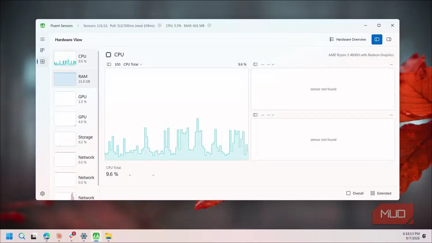 نمودار مصرف پردازندهٔ AMD Ryzen 5 در نمای سخت‌افزار Fluent Sensors