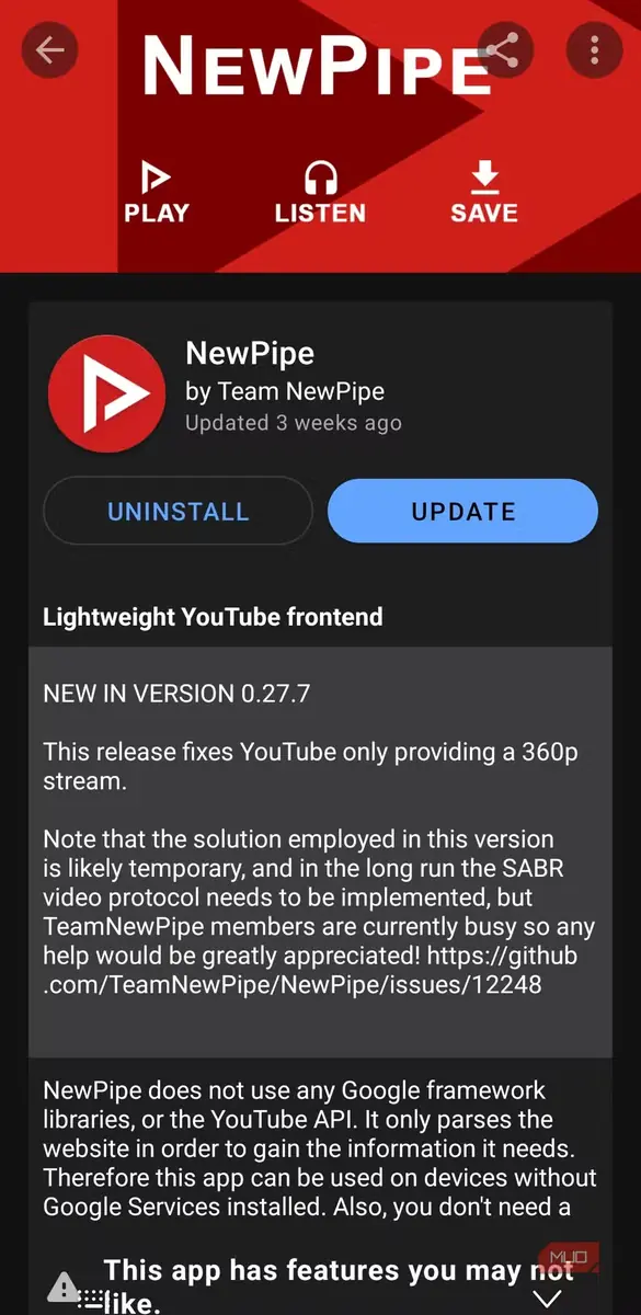 صفحه برنامه NewPipe در F-Droid روی گوشی اندرویدی
