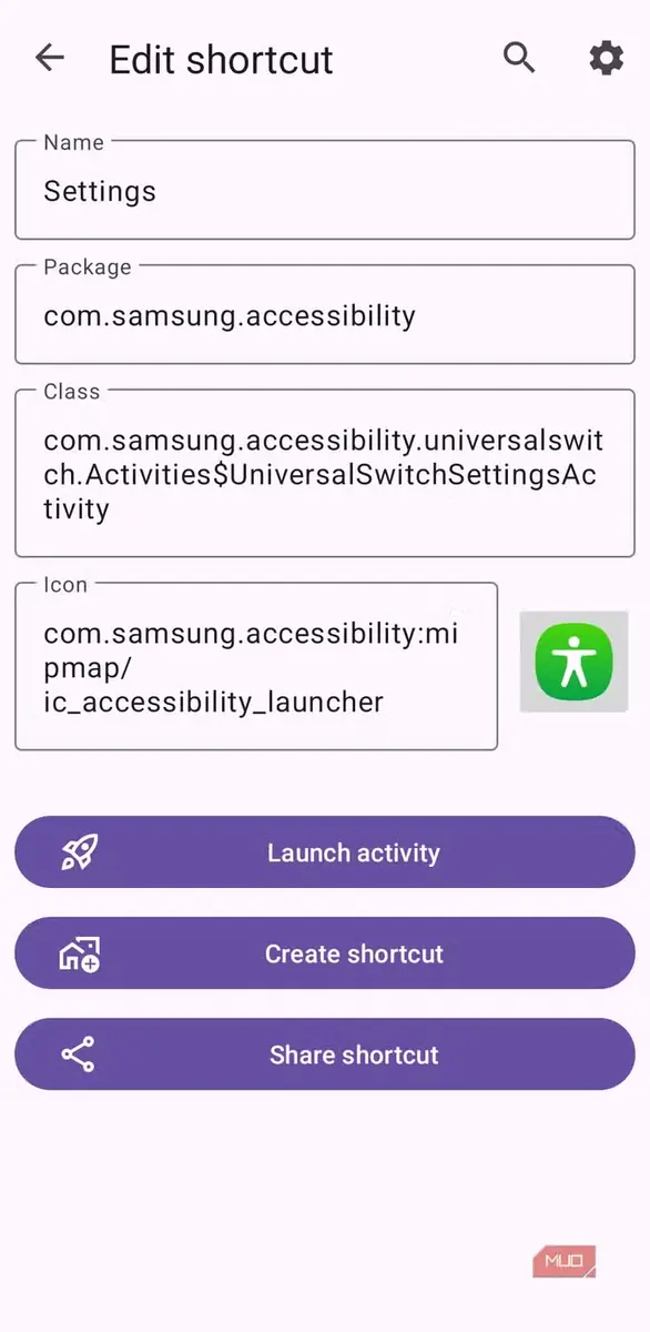 منوی ویرایش میانبرها در برنامه Activity Launcher