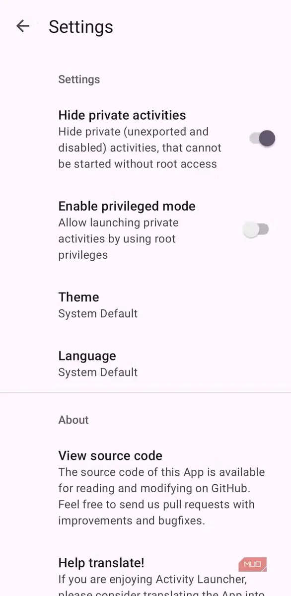 صفحه تنظیمات برنامه Activity Launcher