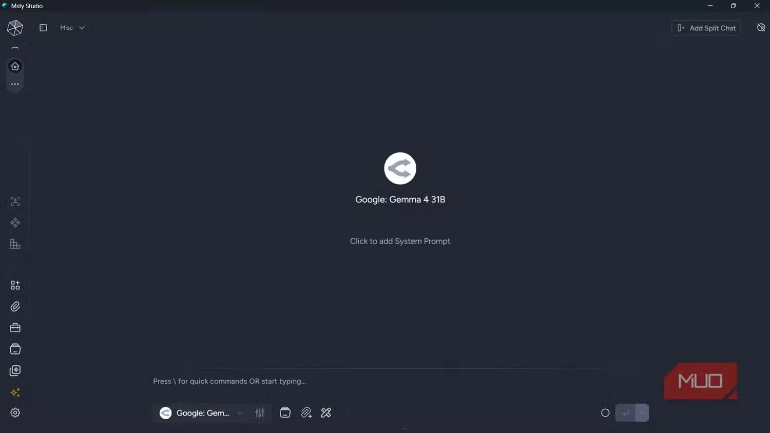 پنجره گفتوگوی تازه در Msty Studio با مدل Gemma 4 31B برگزیدهشده