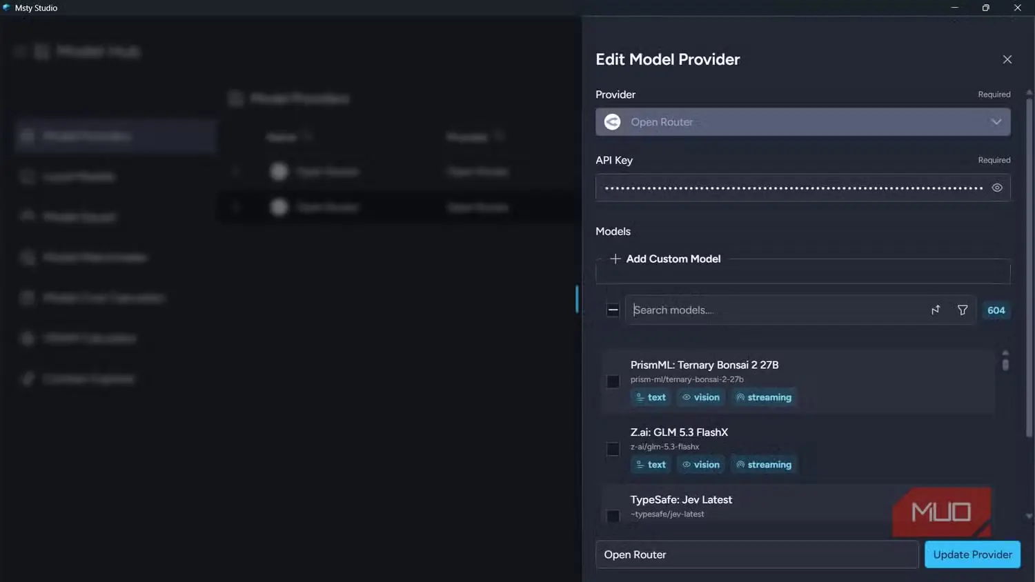 پنل ویرایش ارائهدهنده مدل در Msty Studio با کلید API ذخیرهشده