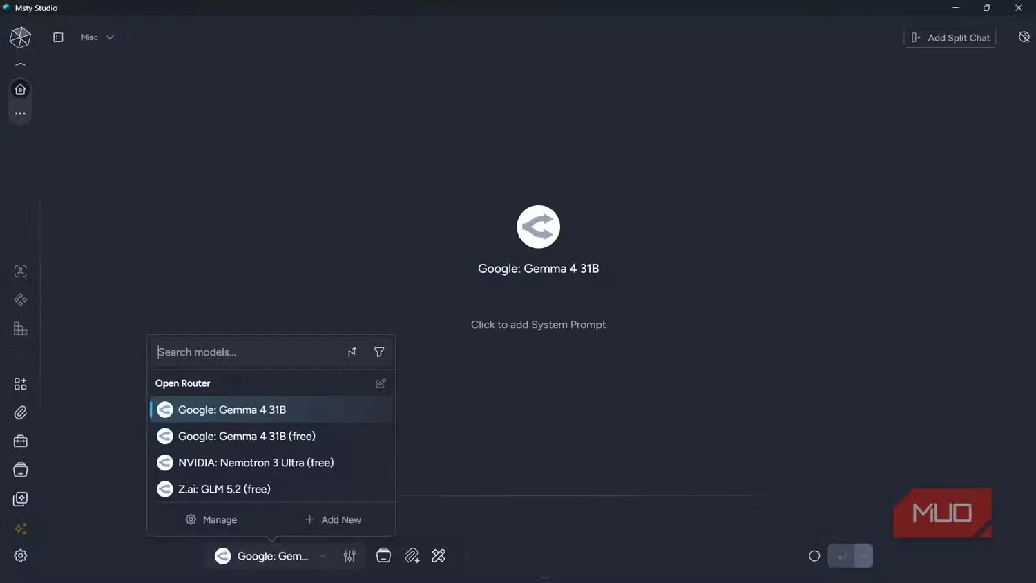 فهرست بازشونده انتخاب مدل در Msty Studio با مدلهای Open Router