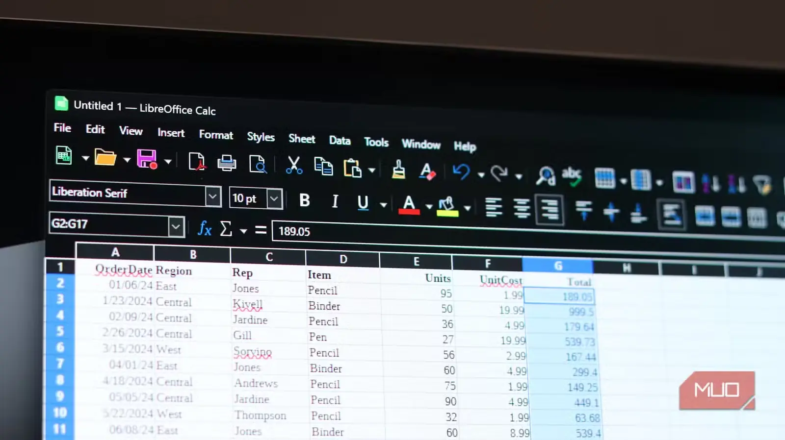 صفحه LibreOffice Calc همراه با دادههای نمونه