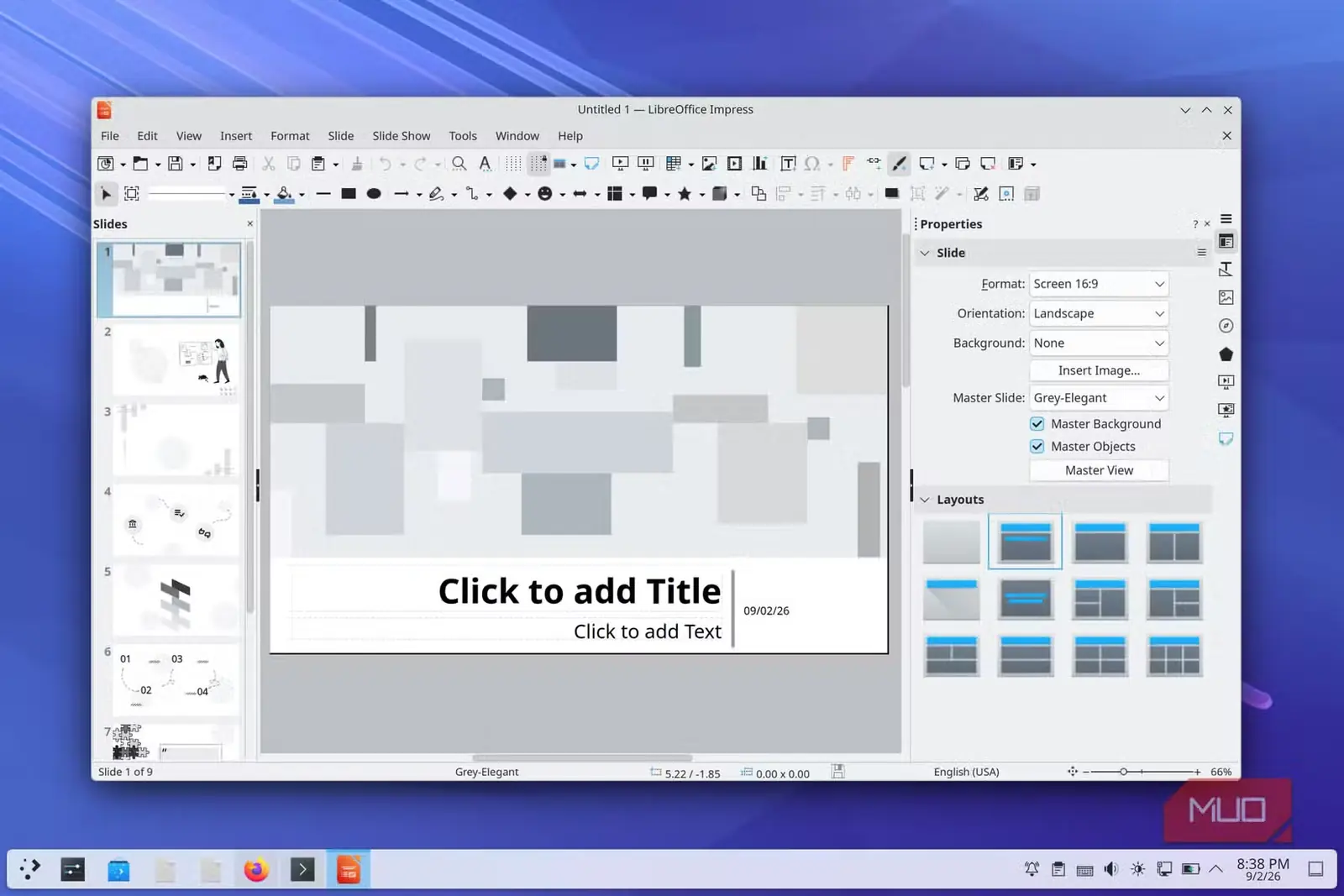 نمای LibreOffice Impress در سیستمعامل Ultramarine Linux