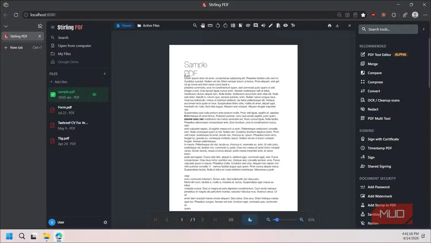 نمای رابط ویرایشگر Stirling PDF با یک سند نمونهٔ PDF بازشده