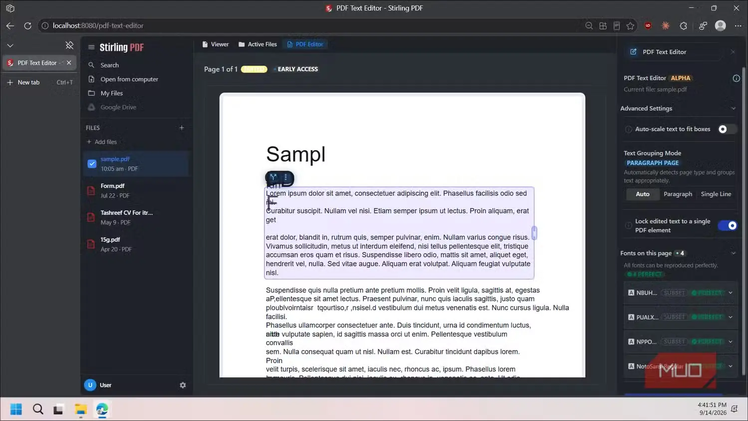 نمای نخست رابط ویرایشگر متن Stirling PDF با یک سند نمونهٔ بازشده