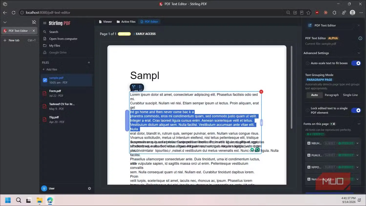 نمای دوم رابط ویرایشگر متن Stirling PDF با یک سند نمونهٔ بازشده