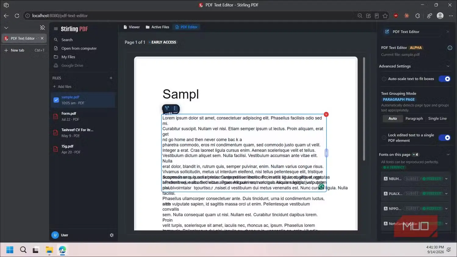 نمای سوم رابط ویرایشگر متن Stirling PDF با یک سند نمونهٔ بازشده