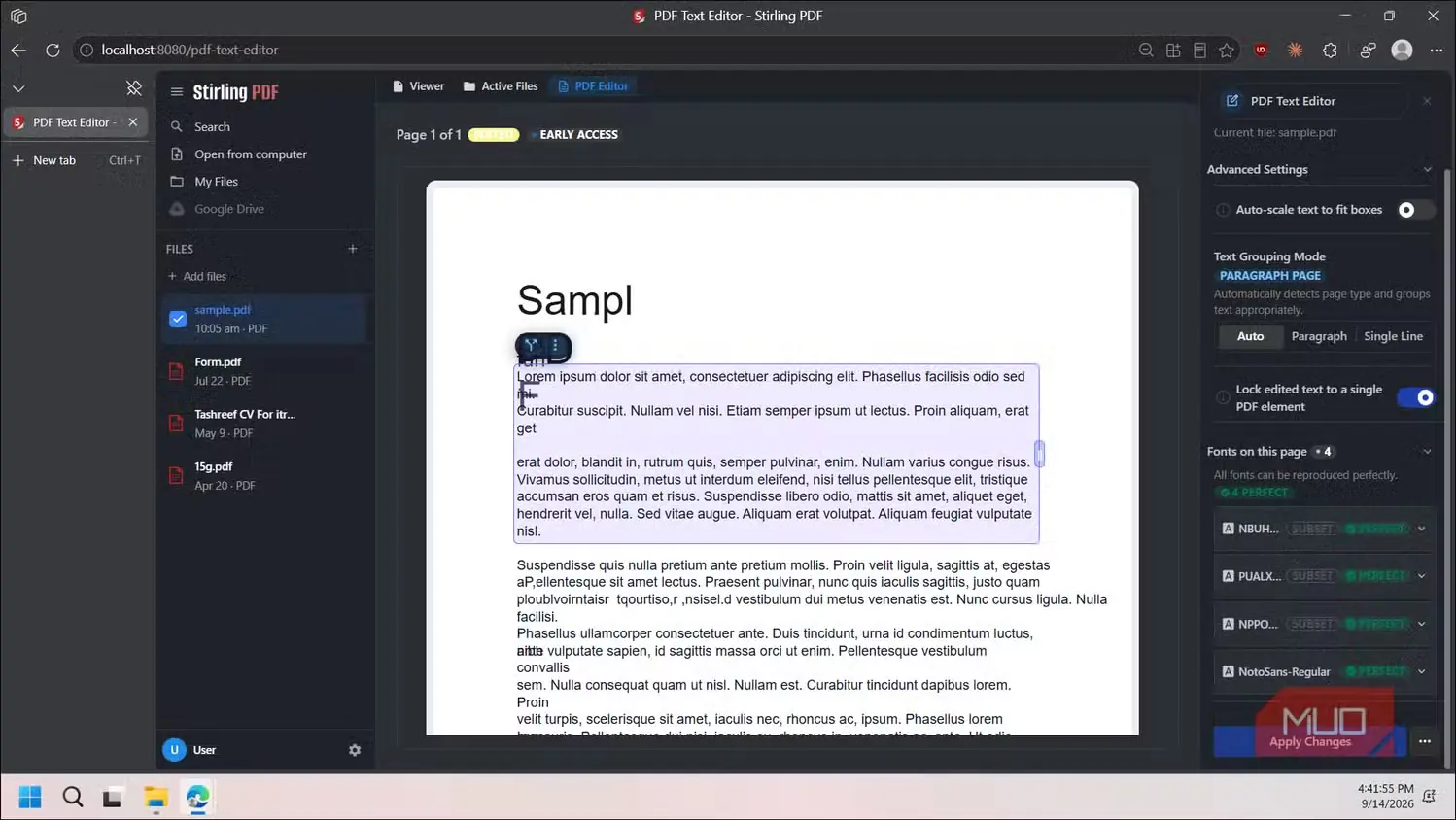 رابط ویرایشگر متن Stirling PDF با یک سند نمونهٔ بازشده