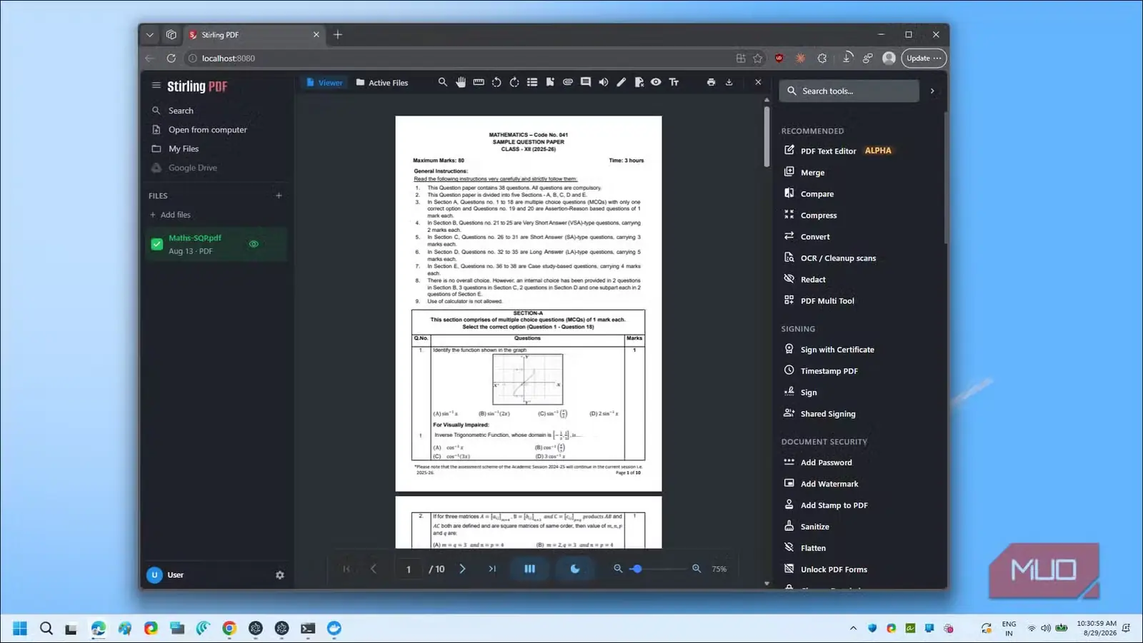 رابط ویرایشگر Stirling PDF در حال نمایش برگهٔ پرسشهای آزمون ریاضی