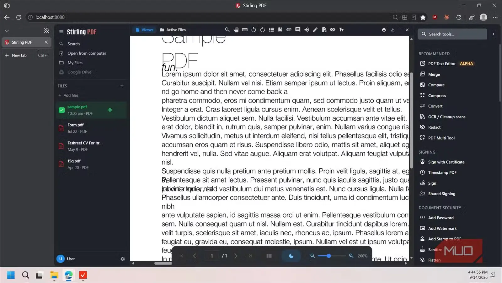 ویرایشگر تحت وب Stirling PDF در حال نمایش یک فایل PDF نمونه با متن لورم ایپسوم