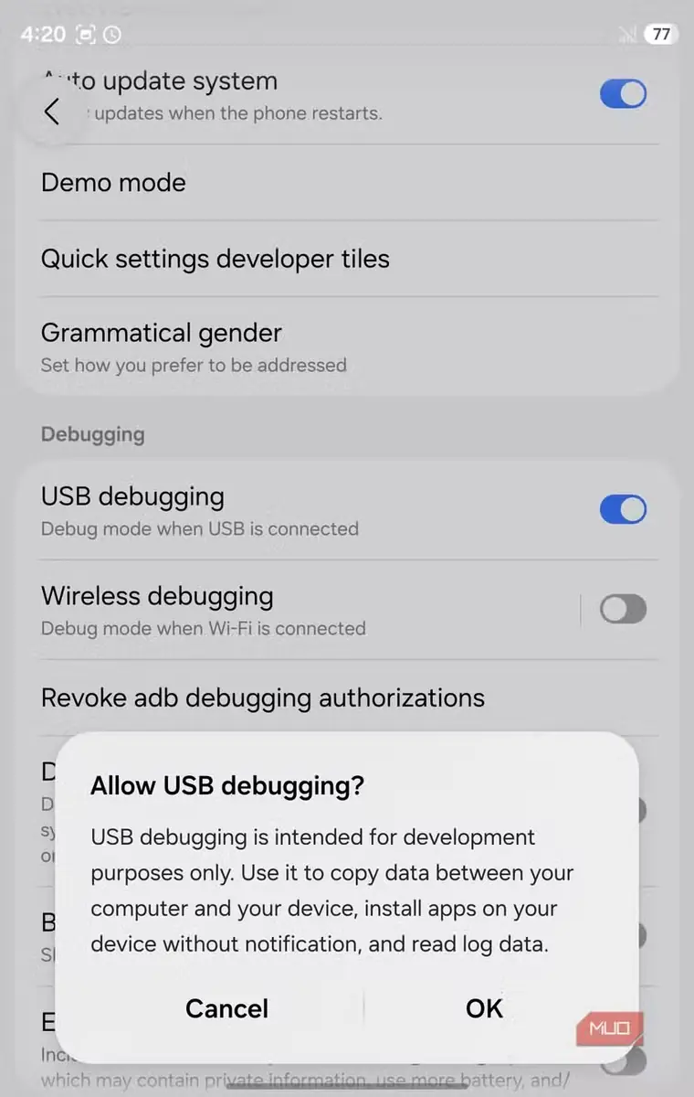 اجازه اشکالزدایی USB