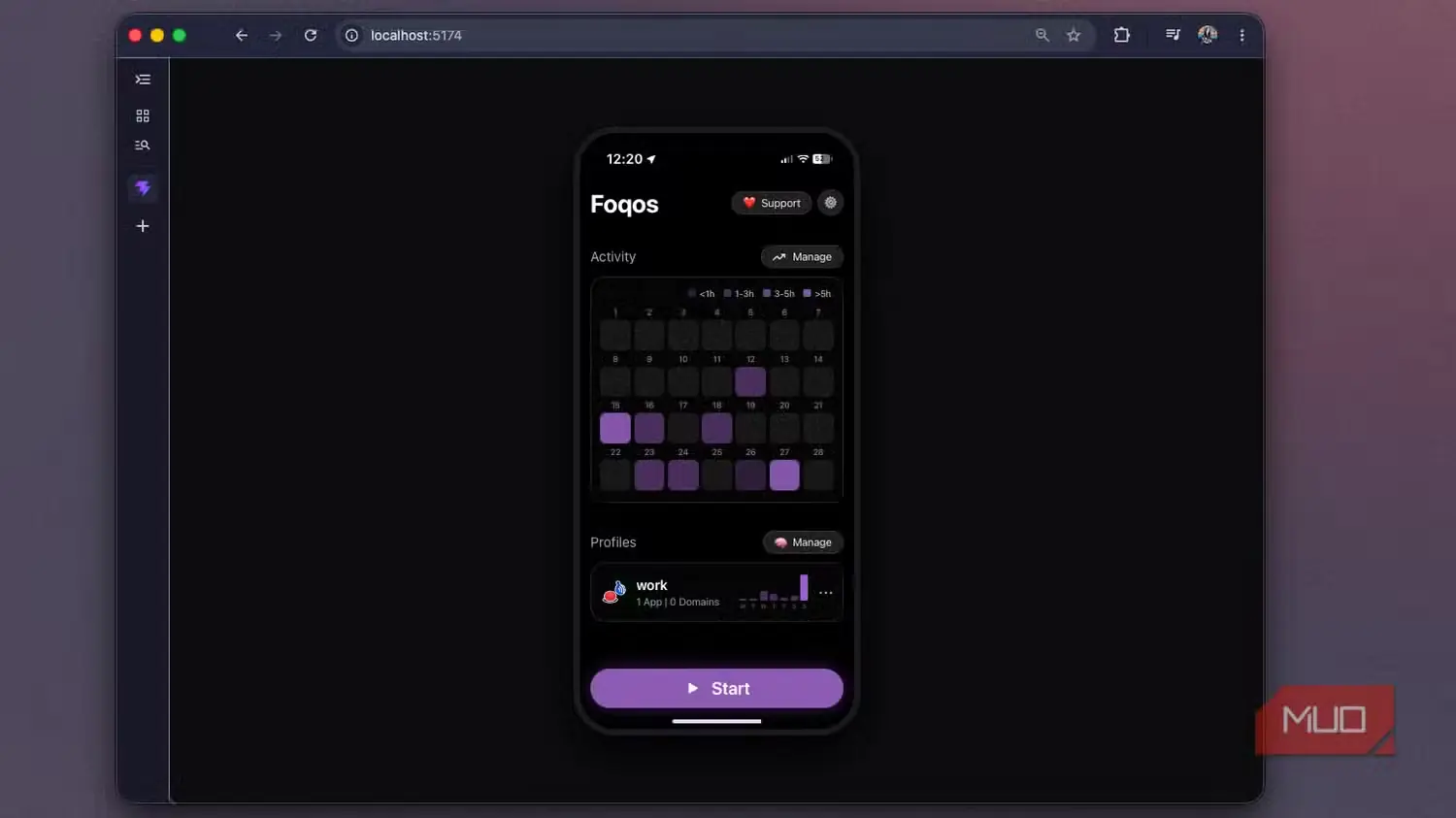 صفحه اصلی بازآفرینی وبی Foqos در Chrome، با نقشه حرارتی و دکمه بنفش «شروع»