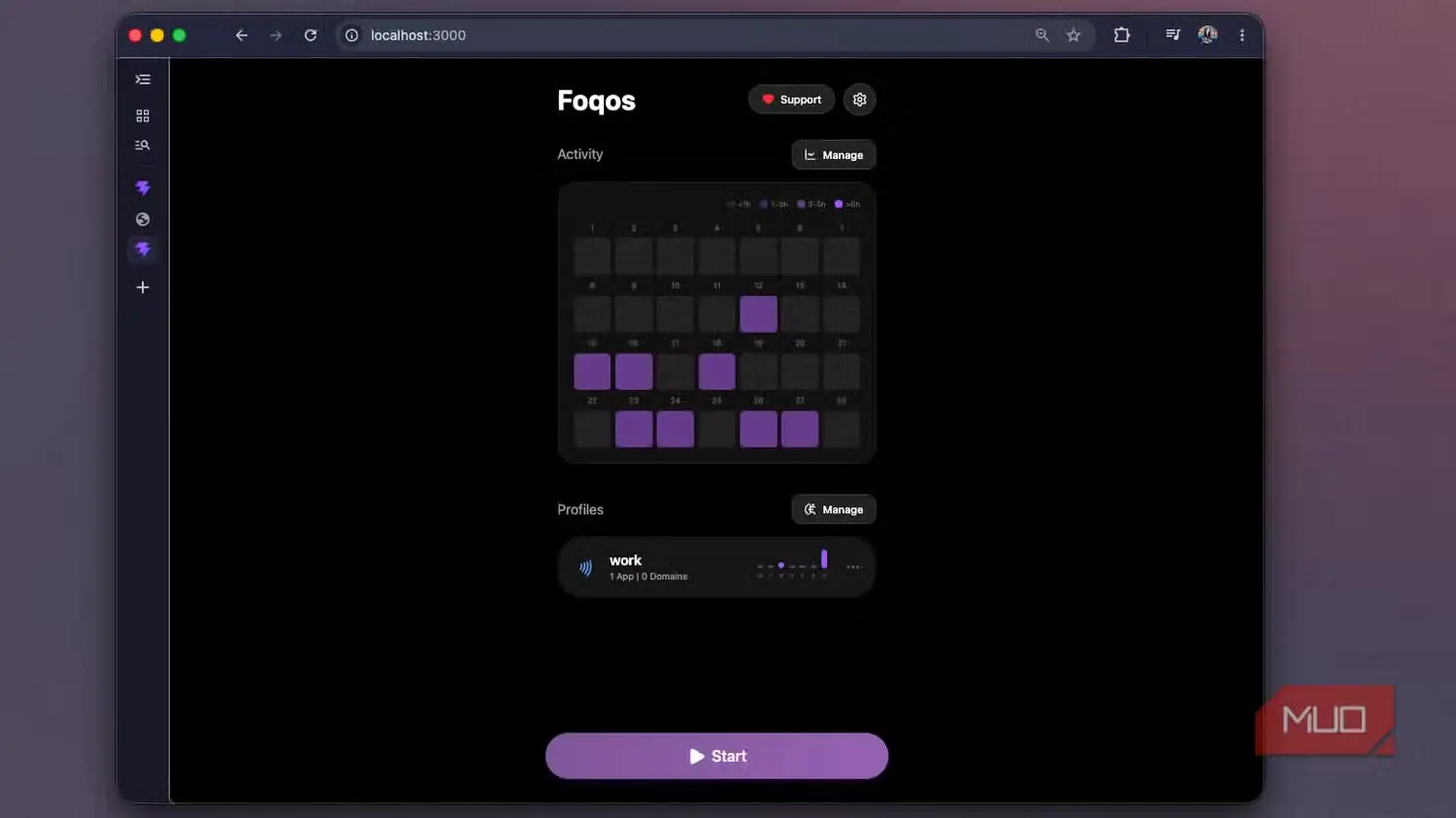 صفحه اصلی بازآفرینی Foqos در نشانی localhost-3000، با نقشه حرارتی و دکمه بنفش «شروع»