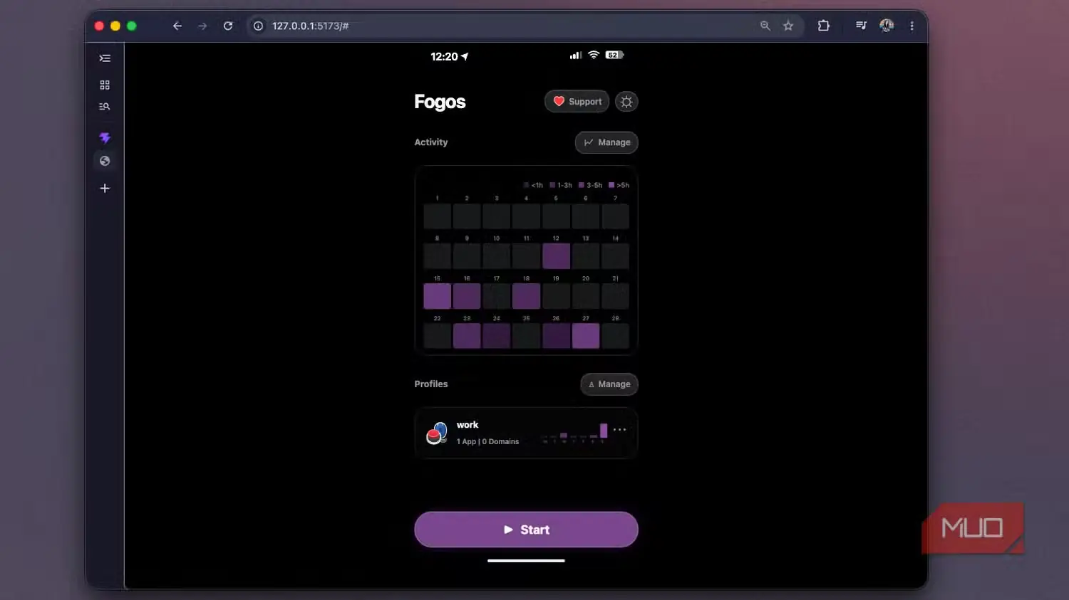 صفحه اصلی بازآفرینی Foqos در نشانی 127.0.0.1-5173، با نقشه حرارتی و دکمه بنفش «شروع»