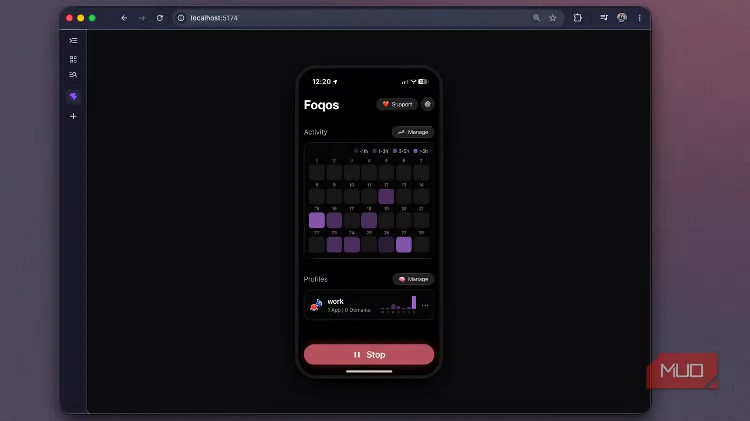 بازآفرینی وبی Foqos هنگام اجرای نشست، با دکمه قرمز «توقف» در صفحه اصلی