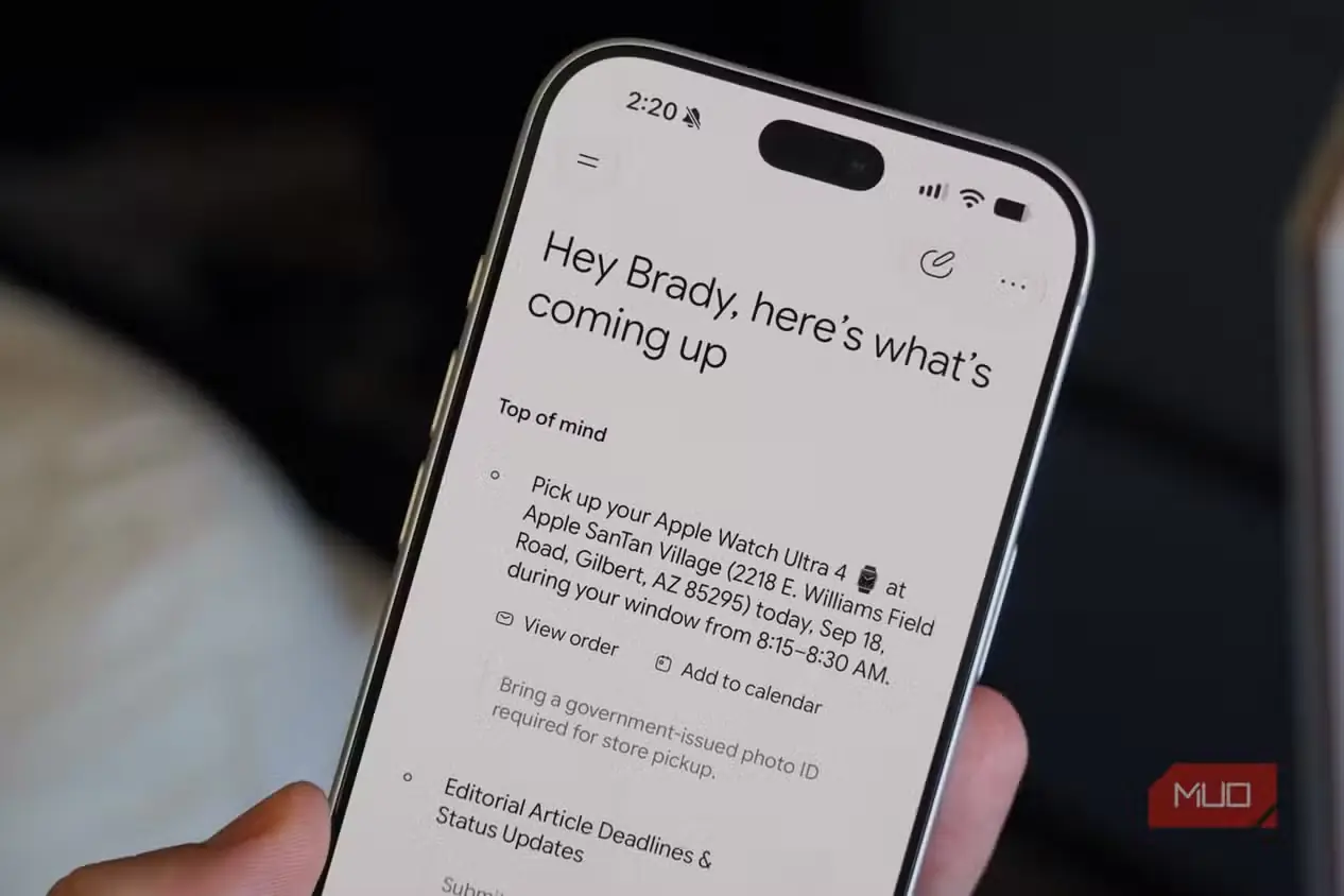 نمای «خلاصه روزانه» Gemini روی گوشی iPhone 18 Pro