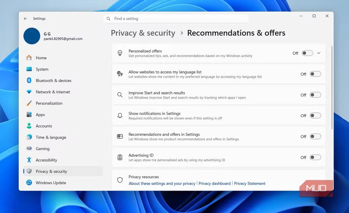تنظیمات پیشنهادها در Windows 11
