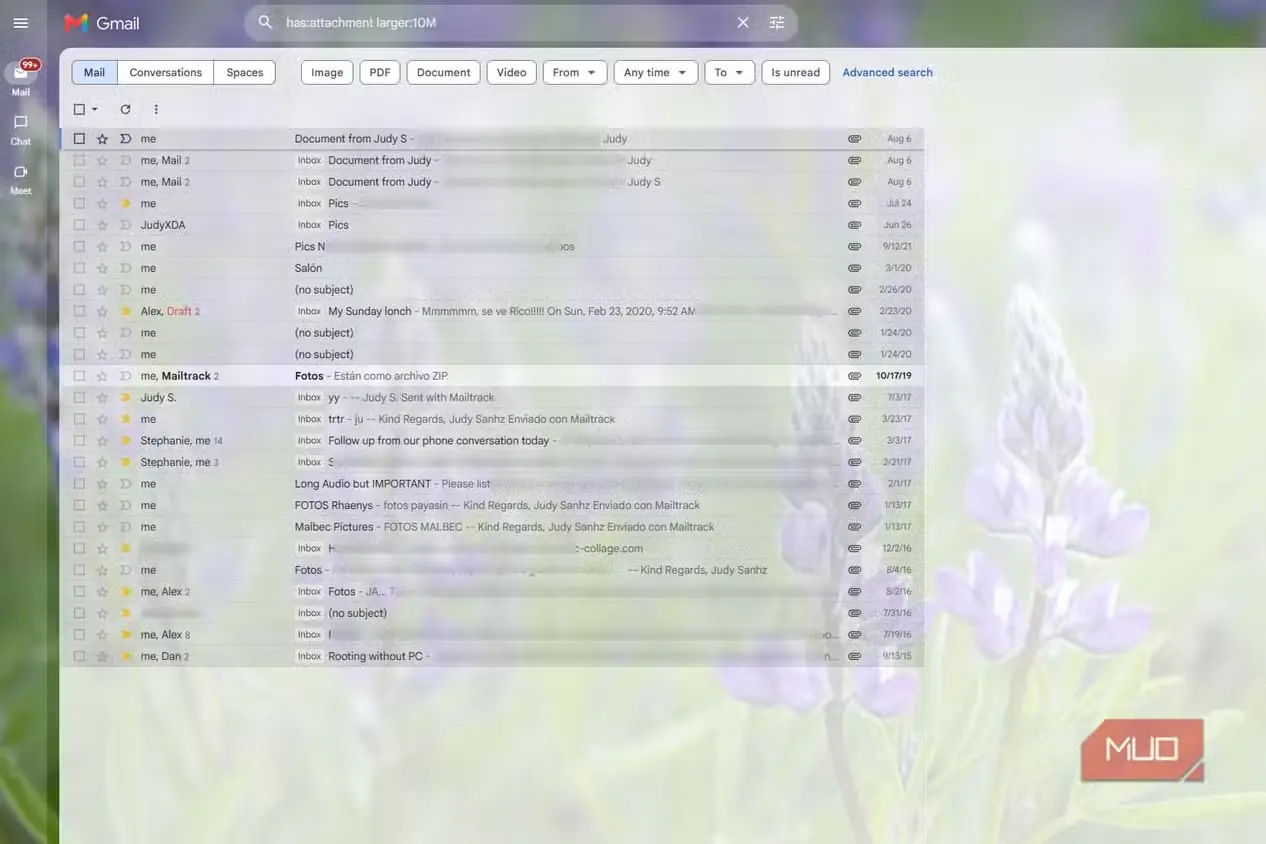 نتایج Gmail برای پیامهای دارای پیوست بزرگتر از 10MB پیش از پاکسازی