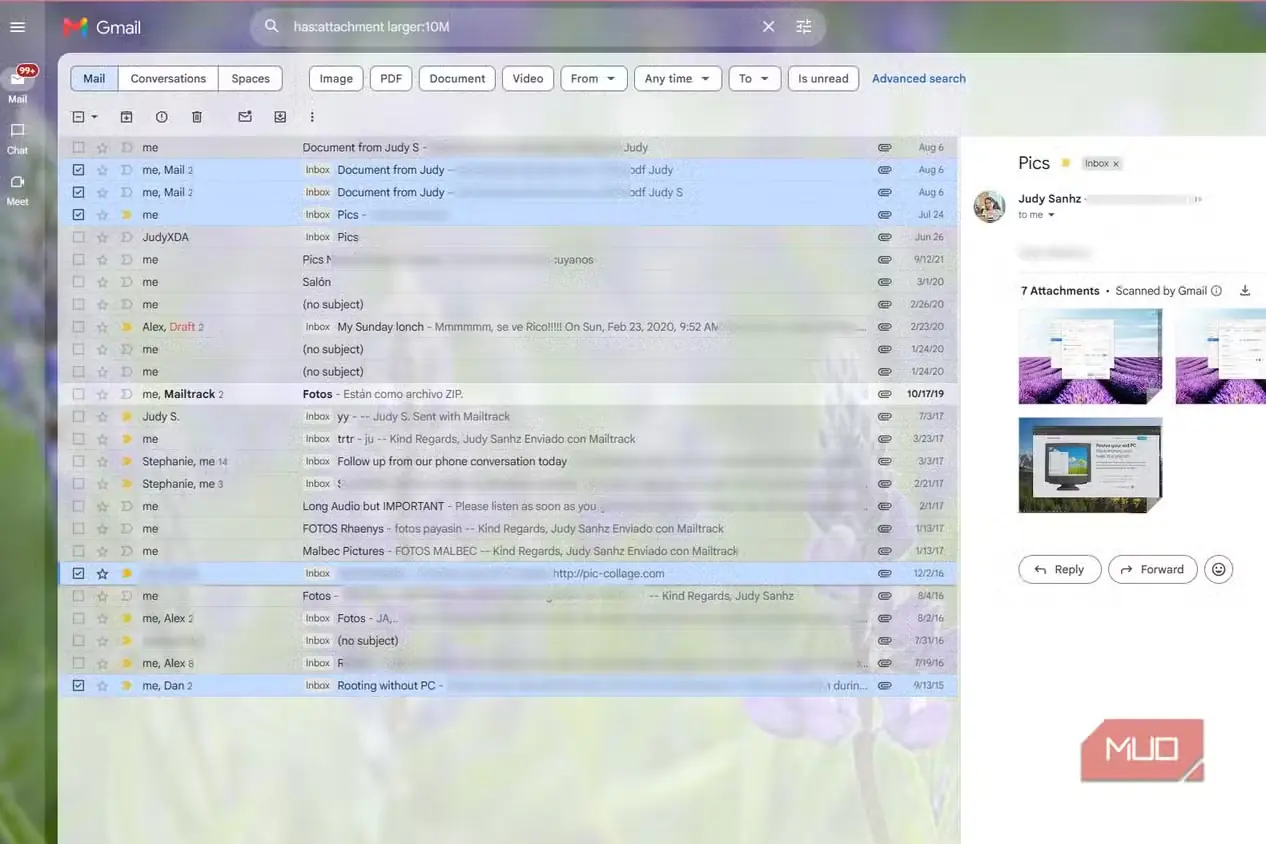 نتایج جستوجوی Gmail برای پیامهای بزرگتر از 10MB با چند رایانامه انتخابشده و پیامی دارای هفت پیوست