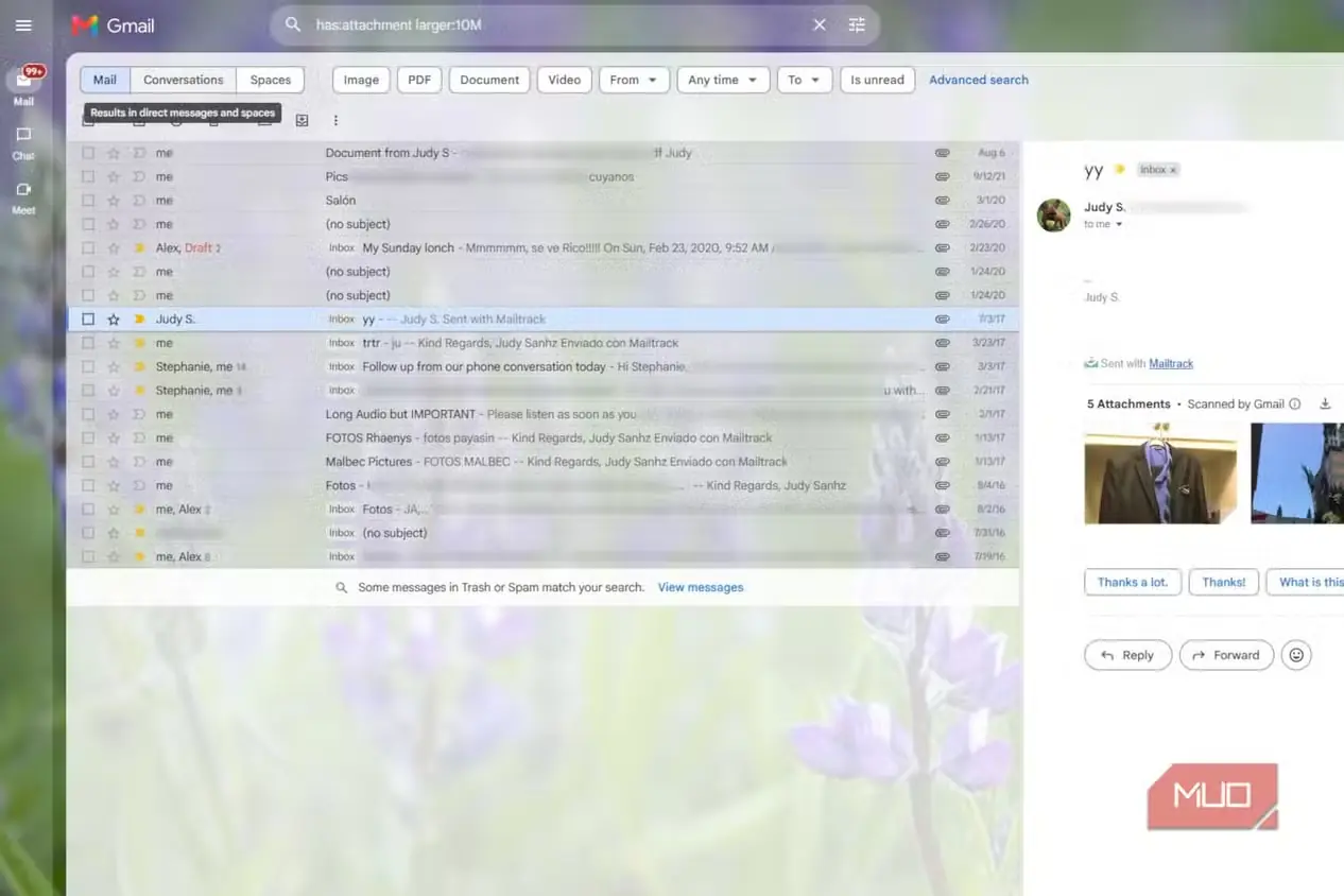 نتیجه جستوجوی Gmail شامل یک رایانامه قدیمی دارای پیوست