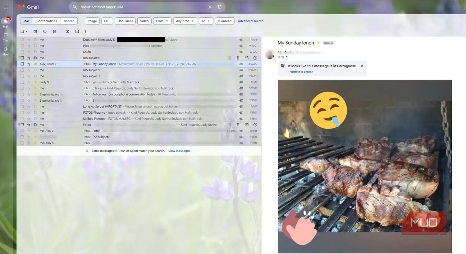 نتیجه جستوجوی Gmail شامل رایانامهای قدیمی درباره باربیکیو با یک عکس پیوستشده
