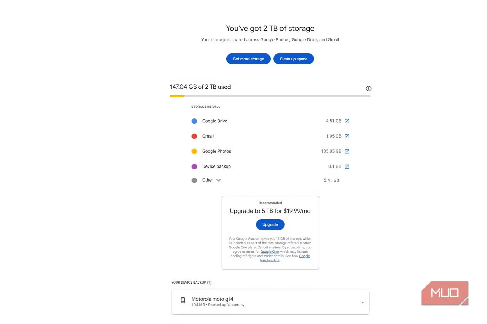 جزئیات فضای ذخیرهسازی Google پیش از پاکسازی، با 134.74GB برای Google Photos و 195GB برای Gmail