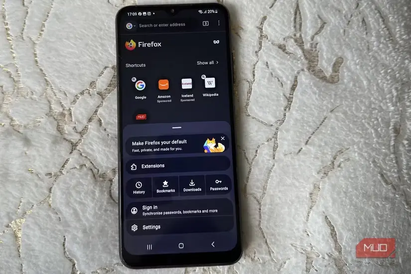 نمای رابط کاربری Firefox در گوشی همراه