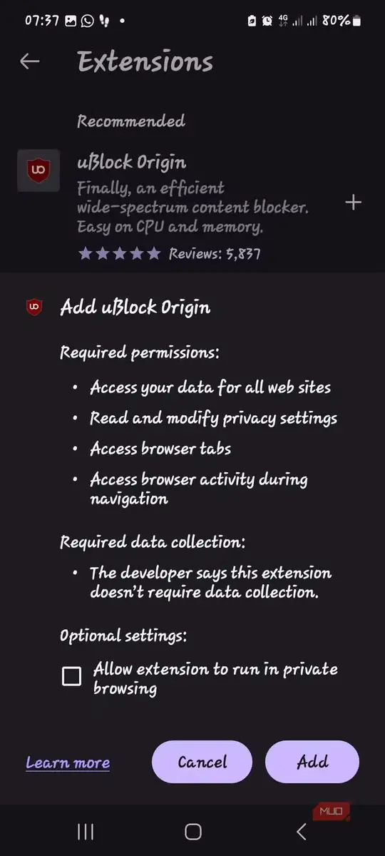 افزودن افزونهٔ uBlock Origin به Firefox Android