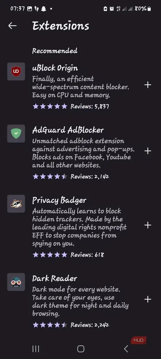 نمای فهرست افزونههای Firefox Android